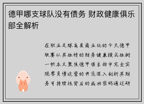 德甲哪支球队没有债务 财政健康俱乐部全解析