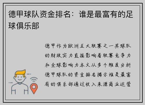 德甲球队资金排名：谁是最富有的足球俱乐部